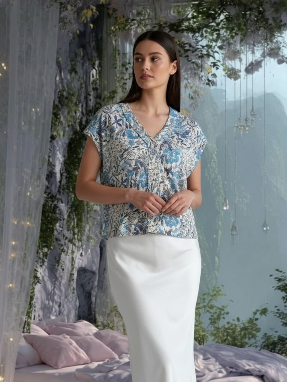 Joie 100% Linen Blue and White Floral Button-Down Top